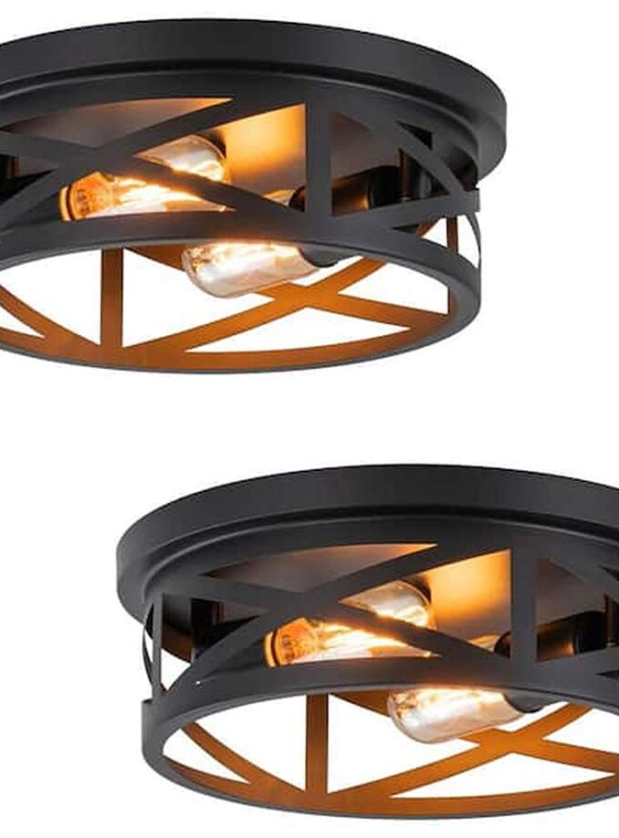 11 in. 2-Light Industrial Black Round Cage Flush Mount Ceiling Light with Turnable Light Cap, No Bulbs Included (2-Pack)