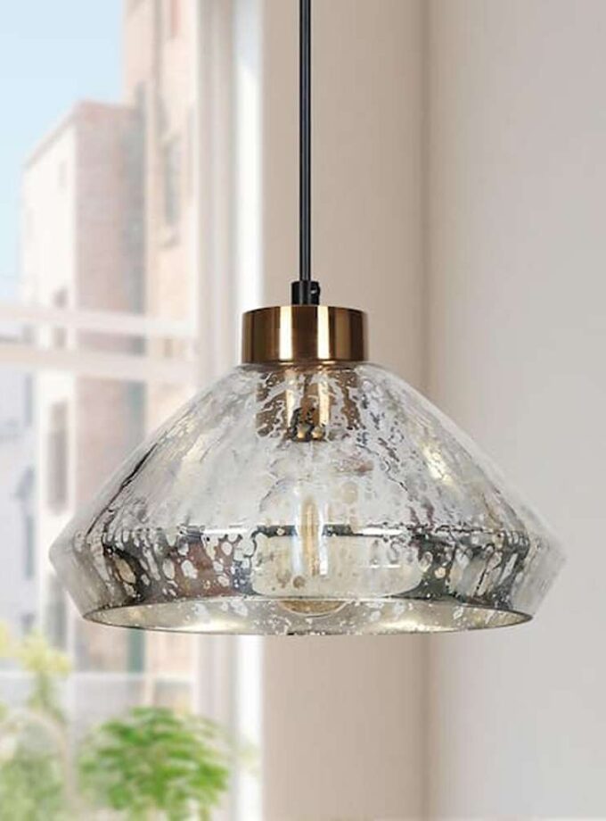 Anila Modern 9.8 in. 1-Light Black and Plated Brass Pendant with Textured Glass Shade Kitchen Island Ceiling Light
