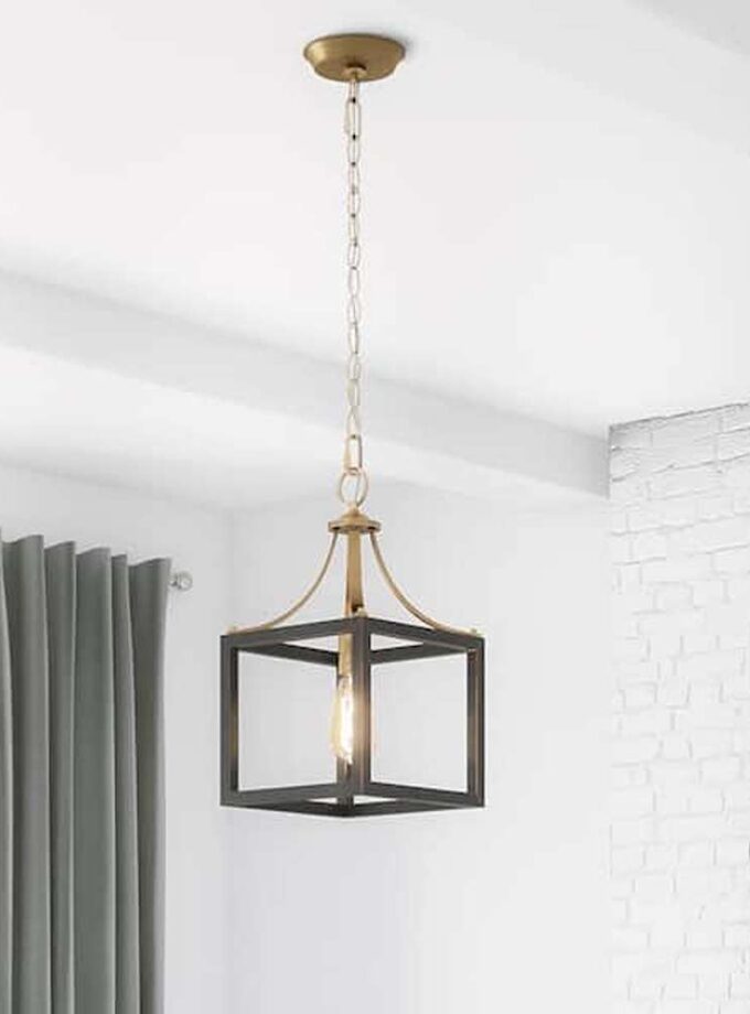 Boswell Quarter 9-1/4 in. 1-Light Vintage Brass Coastal Mini-Pendant with Painted Black Distressed Wood Accents